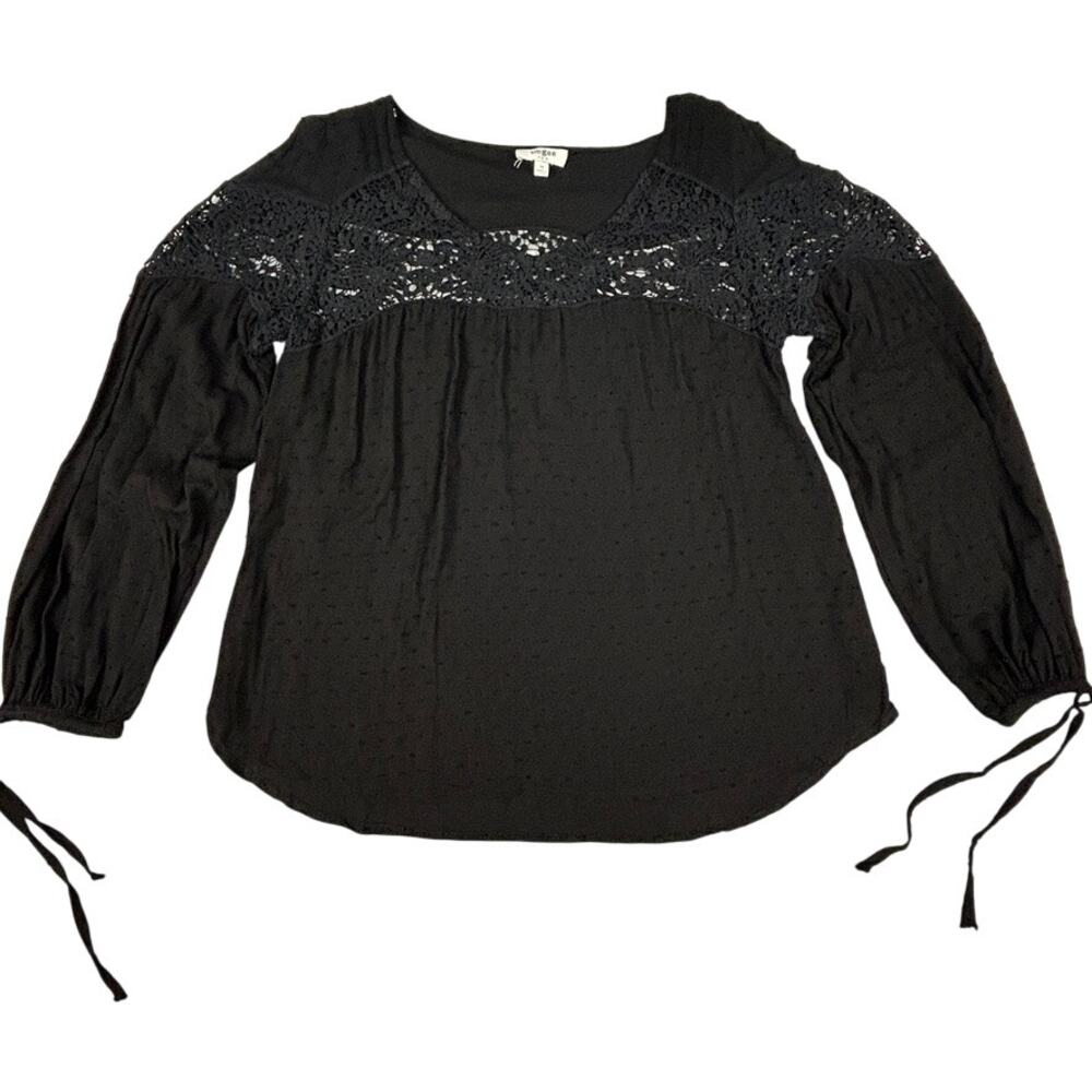 Umgee Lace Top Swiss Dot Womens M Black Boho Babydoll Coquette Flowy Blouse